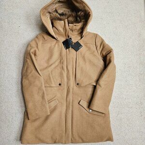 The Kooples Flannel Parka Camel Tan Wool Coat Hood (Kooples XL= US 10) NWT